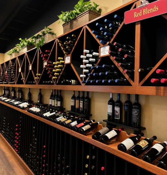 Wine wall with bottles of wine on display