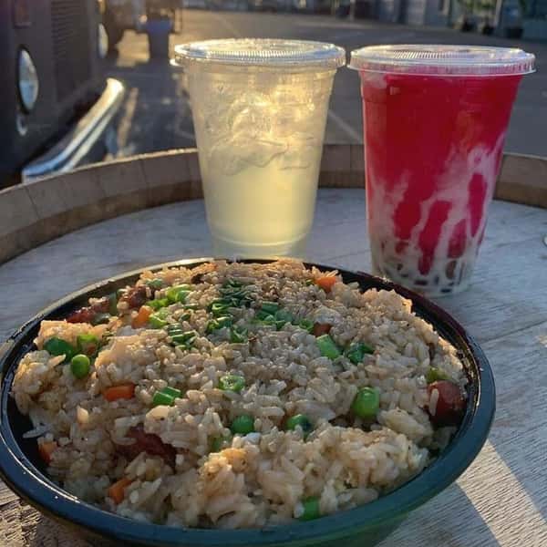 fried rice bowl and tea