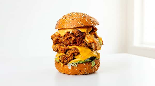Large double-patty fried chicken burger with melted cheese, lettuce, and sesame seed bun.