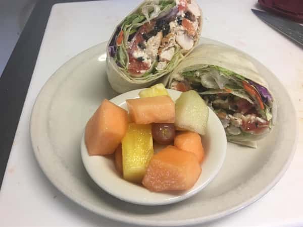 grilled chicken wrap with a side of fruit