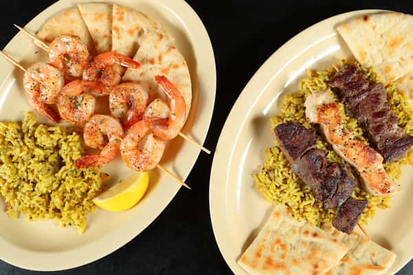 shrimp, pasta, steak