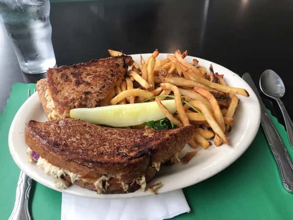 tuna melt sandwich with side of fries