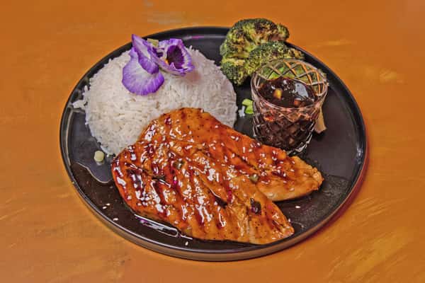 Teriyaki glazed chicken served with rice and a side salad