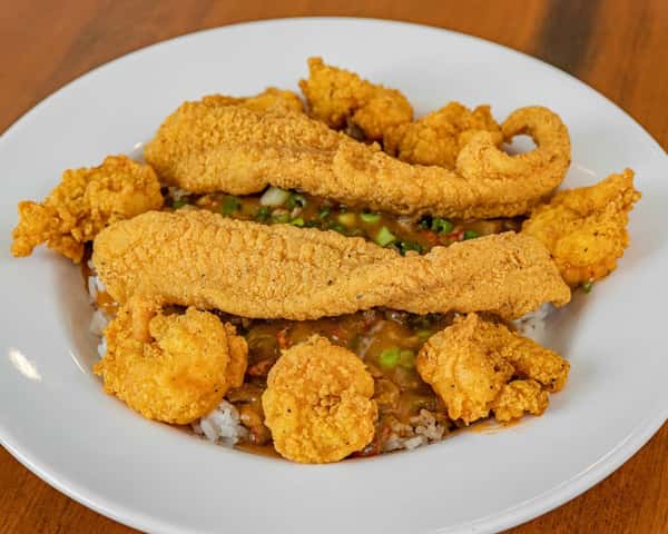 2 Fish, 8 Shrimp over Crawfish Étouffée