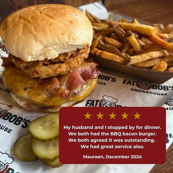 One bite, and they both agreed: our BBQ Bacon Burger is next-level delicious. 🍔💥Date night downtown, we've got you covered.

fatbobs.com - #planyourvisit