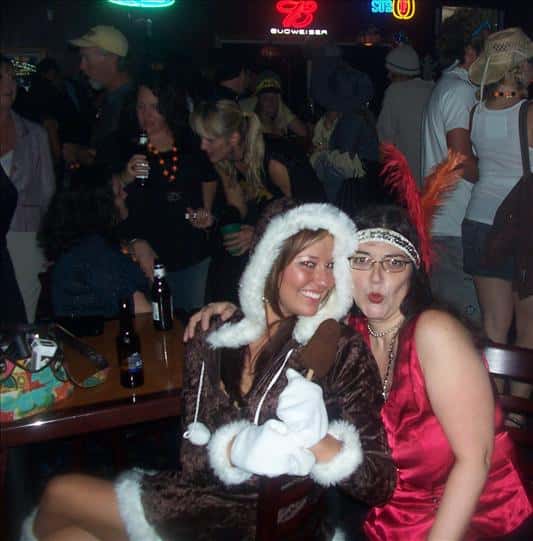 two friends at the bar in Halloween costumes