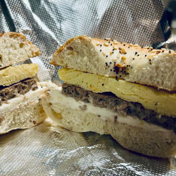 Vegan sausage, egg, cream cheese