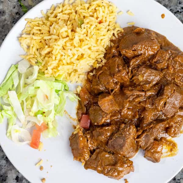 Rice meat and salad
