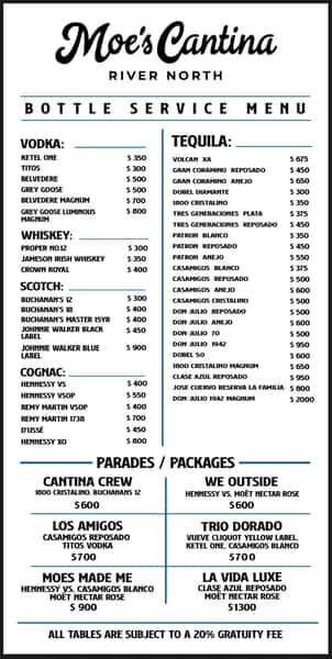 Moe's River North Bottle Service Menu