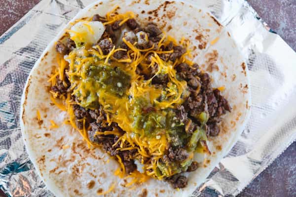 3. Ground Beef, Potatoes, Cheese and Green Chile