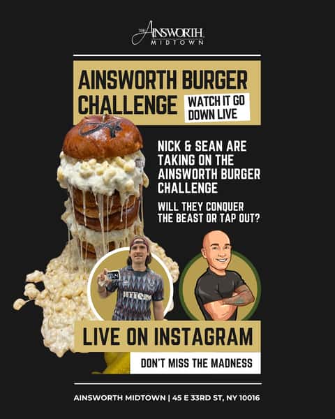 Can they finish it?! Nick and Sean vs. The Ainsworth Burger Challenge 🍔💥
Tune in tomorrow at 7:30 pm to witness the showdown LIVE

@seanthemoutheats @liftingweightscleaningplates 

Will they be able to finish it??

#burgerchallenge #livestream #foodchallenge #foodiechallenge #burgerbattle #nycfoodchallenge