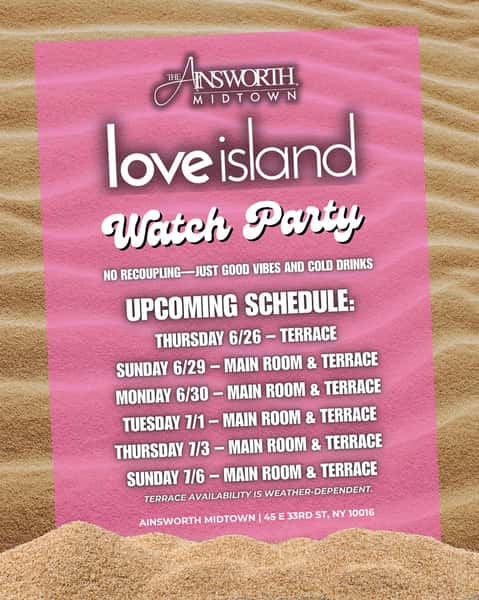 It’s Love Island season and we’re showing every drama filled episode LIVE! Catch the tea nightly 

Check out our weekly schedule and don’t miss a single coupling 👀✨

When booking, please mention that you’re joining up for the Love Island Watch Party 😎

#loveisland #loveislandusa #loveislandwatchparty #nycthingstodo #watchparty
