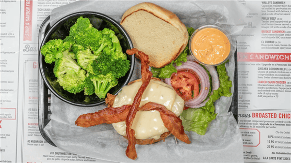 cheeseburget with bacon and broccoli