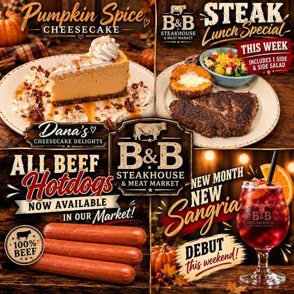 Give yourself something delicious to look forward to. 😉🥩
🛒 Wednesday: Stock up at the market, 11AM–6PM.
🍽️ Thursday–Saturday: Full-service dining, 11AM–8PM.
Put our $17.99 Lunch Steak Special on your list—served with one side and a side salad—and save a little time for Crimson Harvest Sangria. 🍷🍂
📍 112 N Washington St, Kaufman, TX
#BBSteakhouse #BBMeatMarket #KaufmanTX #EatLocal