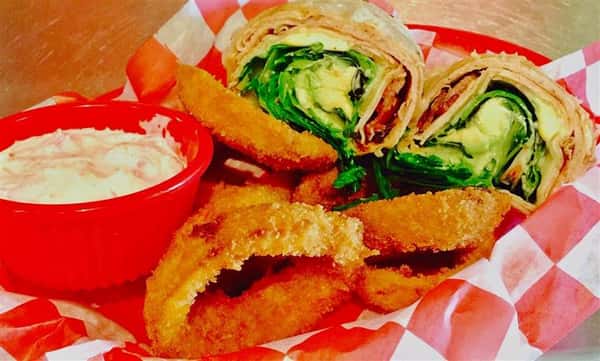 Wrap with lettuce, avocado and onion rings