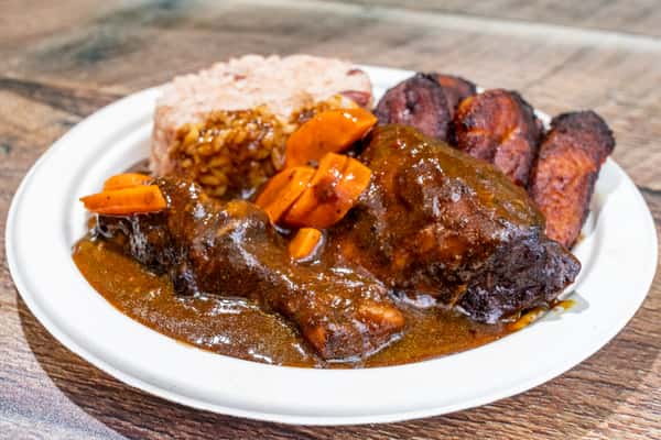 Brown Stew Chicken Plantains Rice and Beans