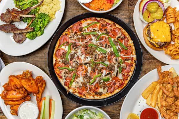 Group shot of food including pizza