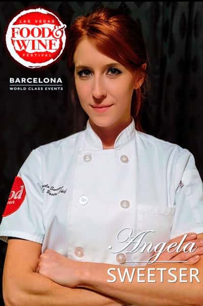 Portrait of chef Angela Sweetser in a white chef coat promoting the Las Vegas Food & Wine Festival Barcelona event.