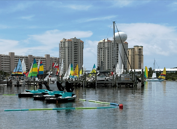 Sailboats by tower
