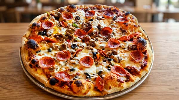 Pepperoni and sausage pizza with melted mozzarella, black olives, and bell peppers on a golden crust.