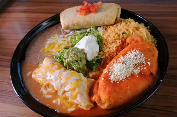 Select Three 3: burrito, chimichanga, chile relleno, enchilada, taco, tostada or tamale, flautas or taquitos dorados