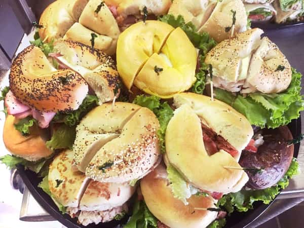 tray of bagel sandwiches