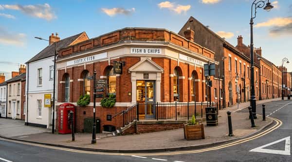 Street view of the Sixty Fish fish and chip shop on High Street in the centre of Coleshill.