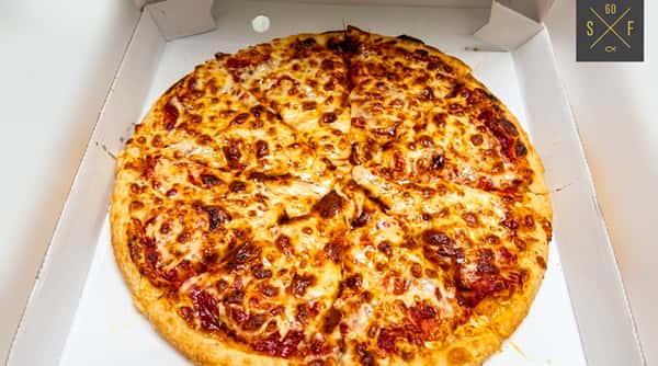 Freshly baked cheese pizza topped generously with golden melted cheese.