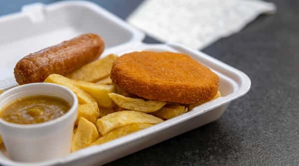 Golden fishcake served with chunky chips, sausage and a pot of curry sauce.