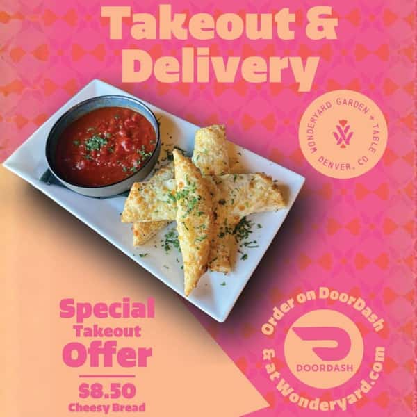 Promotional takeout and delivery special featuring cheesy garlic bread with marinara sauce, highlighting convenient restaurant ordering and carryout options.