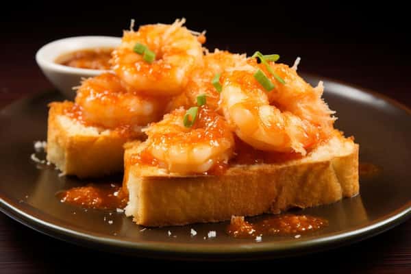 Shrimp toast topped with crispy shrimp and sweet chili sauce.