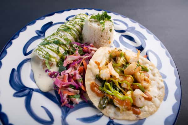 Sour cream enchilada, shrimp gov. taco, ancho slaw, arroz blanco