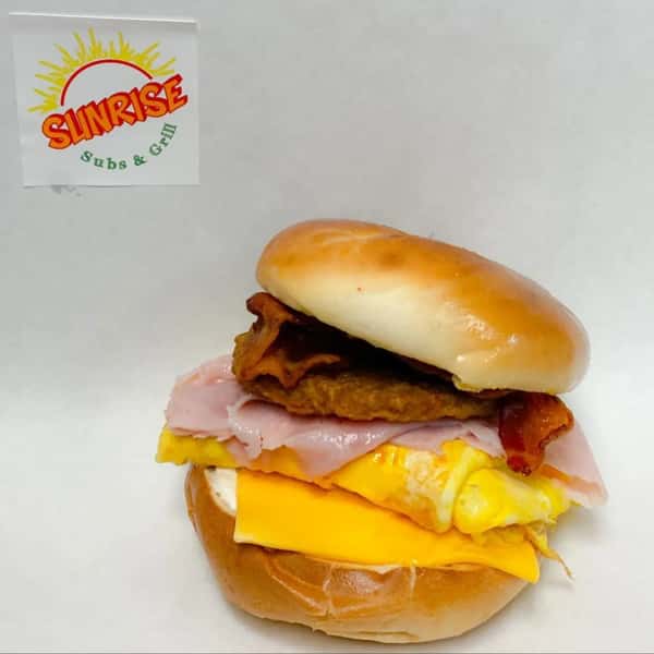 Burger with ham egg and cheese