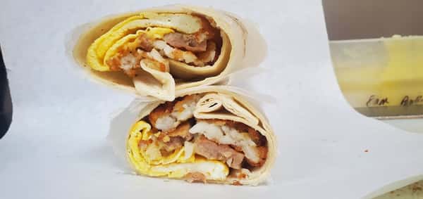 Wrap with egg and pork