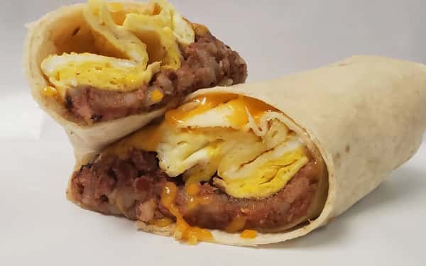 Wrap with egg and ground beef