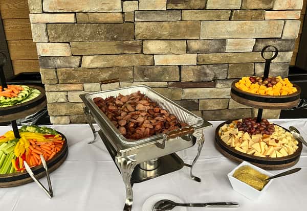 vegetable display, kielbasa, cheese display