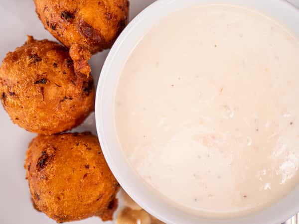 Three Clam Cakes with Chowder
