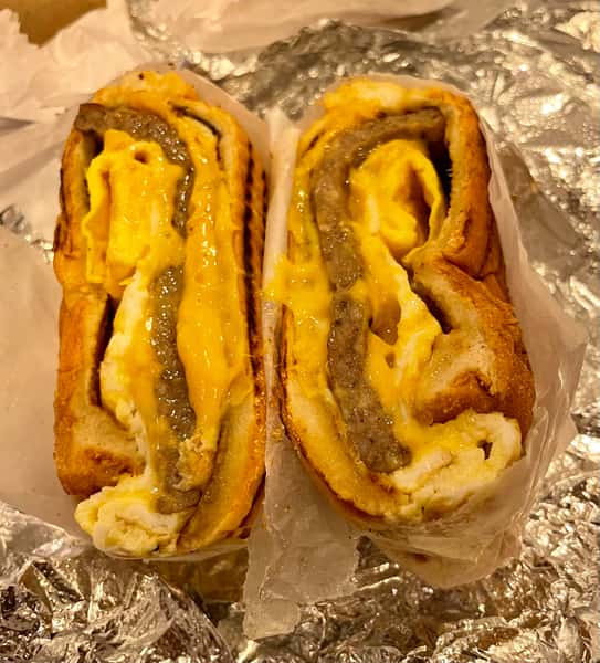 Sausage, egg, and cheese on roll