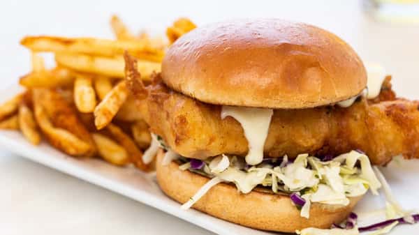 Fish sandwich with fries and coleslaw