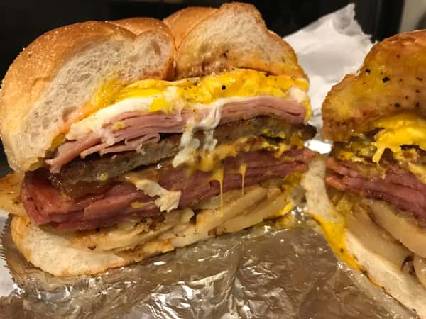 Turkey ham, sausage, bacon, egg, and cheese