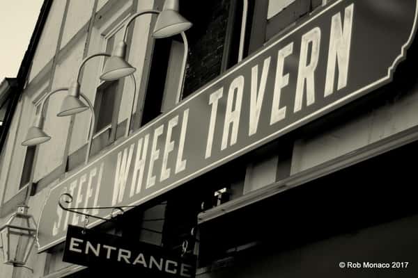 Steel Wheel Tavern sign black and white