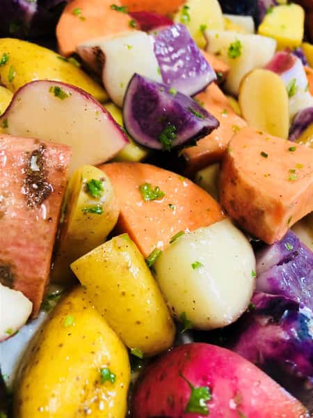 mixed colored potatoes: red, yellow, white, orange, and purple
