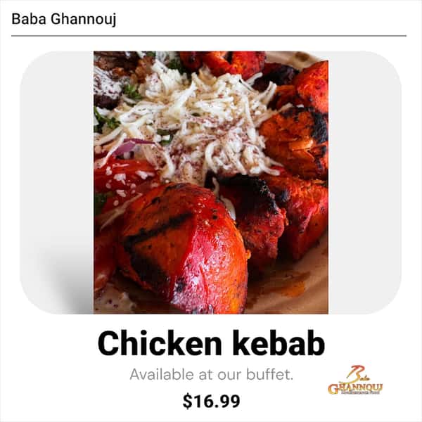 Savor the flavors! Our juicy chicken kebab is part of the buffet, perfectly paired with our creamy tzatziki sauce and hummus.
Come and enjoy a taste of the Middle East at Baba Ghannouj, Monday through Friday! ✅
