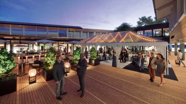 Rendering of Cece's outdoor courtyard at night with guests.