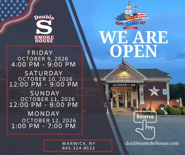 🇺🇸 COLUMBUS DAY WEEKEND AT DOUBLE S SMOKEHOUSE! 🇺🇸

🔥 We're OPEN ALL WEEKEND — Friday through Monday! 🔥

Make Double S Smokehouse part of your long weekend plans! 🍖🍔 From our mouthwatering smoked brisket and fall-off-the-bone ribs to our juicy burgers and delicious sides, we've got something for everyone!

❤️ Skip the cooking and let us do the smoking!

📍 49 Oakland Avenue, Warwick, NY
📞 845-324-8522
💻 Order online at doublessmokehouse.com

🍂 Gather your family, bring your friends, and satisfy those BBQ cravings!

Double S Smokehouse — serving up the good stuff since 2016!

#DoubleSSmokehouse #WarwickNY #ColumbusDayWeekend #BBQLovers #ShopLocal #WarwickEats