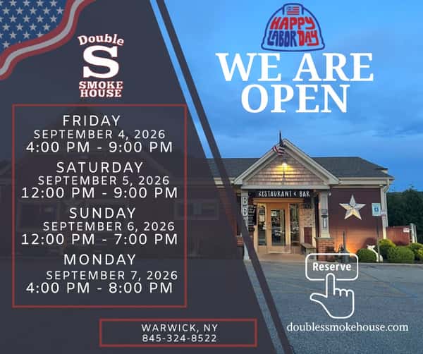 🇺🇸 LABOR DAY WEEKEND AT DOUBLE S! 🇺🇸

Got plans for the long weekend? Let us do the cooking! 🔥🍖

We'll be serving up all your BBQ favorites all weekend long — and YES, WE'RE OPEN MONDAY FOR LABOR DAY!
 Friday: OPEN 
 Saturday: OPEN
 Sunday: OPEN
 Monday – Labor Day: OPEN

🔥 PLANNING A GROUP? MAKE YOUR RESERVATION NOW! 🔥
Tables fill up fast on holiday weekends, so don't wait until the last minute! Call or through our website to reserve your table.

Come enjoy some smoked BBQ, cold drinks, good vibes, and our beautiful outdoor seating!

Gather your crew, grab a table, and let us handle the BBQ! 🇺🇸

📍 Double S Smokehouse
Warwick, NY

#DoubleSSmokehouse #LaborDayWeekend #LaborDay #BBQ #Smokehouse #WarwickNY #WeekendBBQ #MakeAReservation
