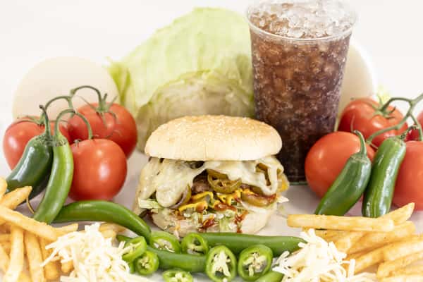 Jalapeno Pepperjack Burger with fries
