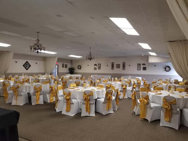 banquet hall set up for an event