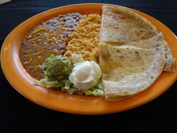 Cheese quesadilla with rice, beans, guacamole and sour cream