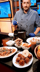 chef adam posing with various dishes